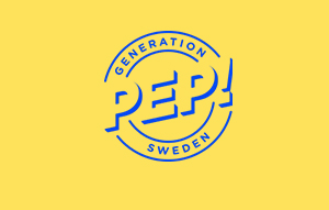Blå logotyp Generation Pep på gul bakgrund